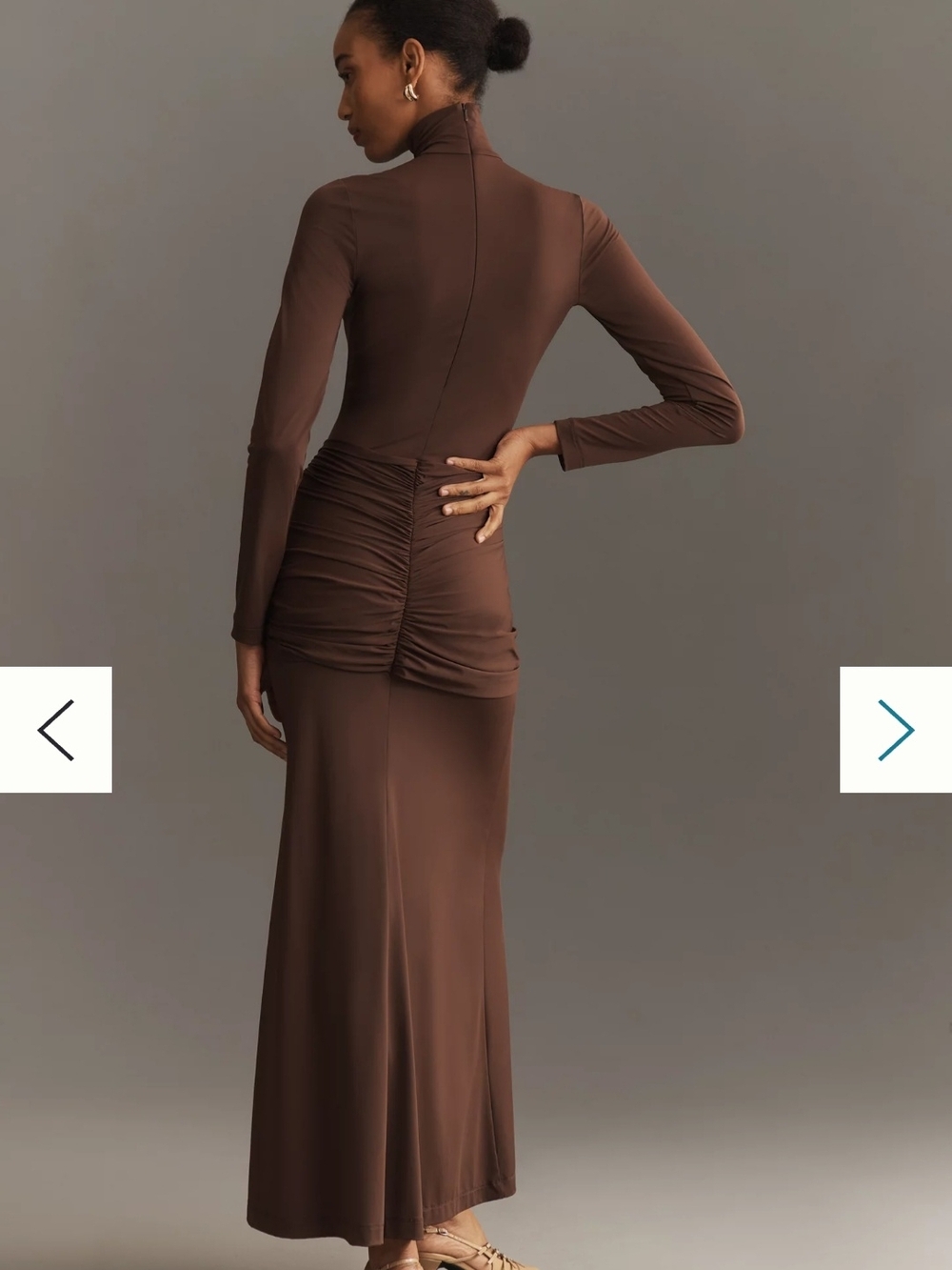 Long-Sleeve Brown Turtleneck Ruched Maxi Dress